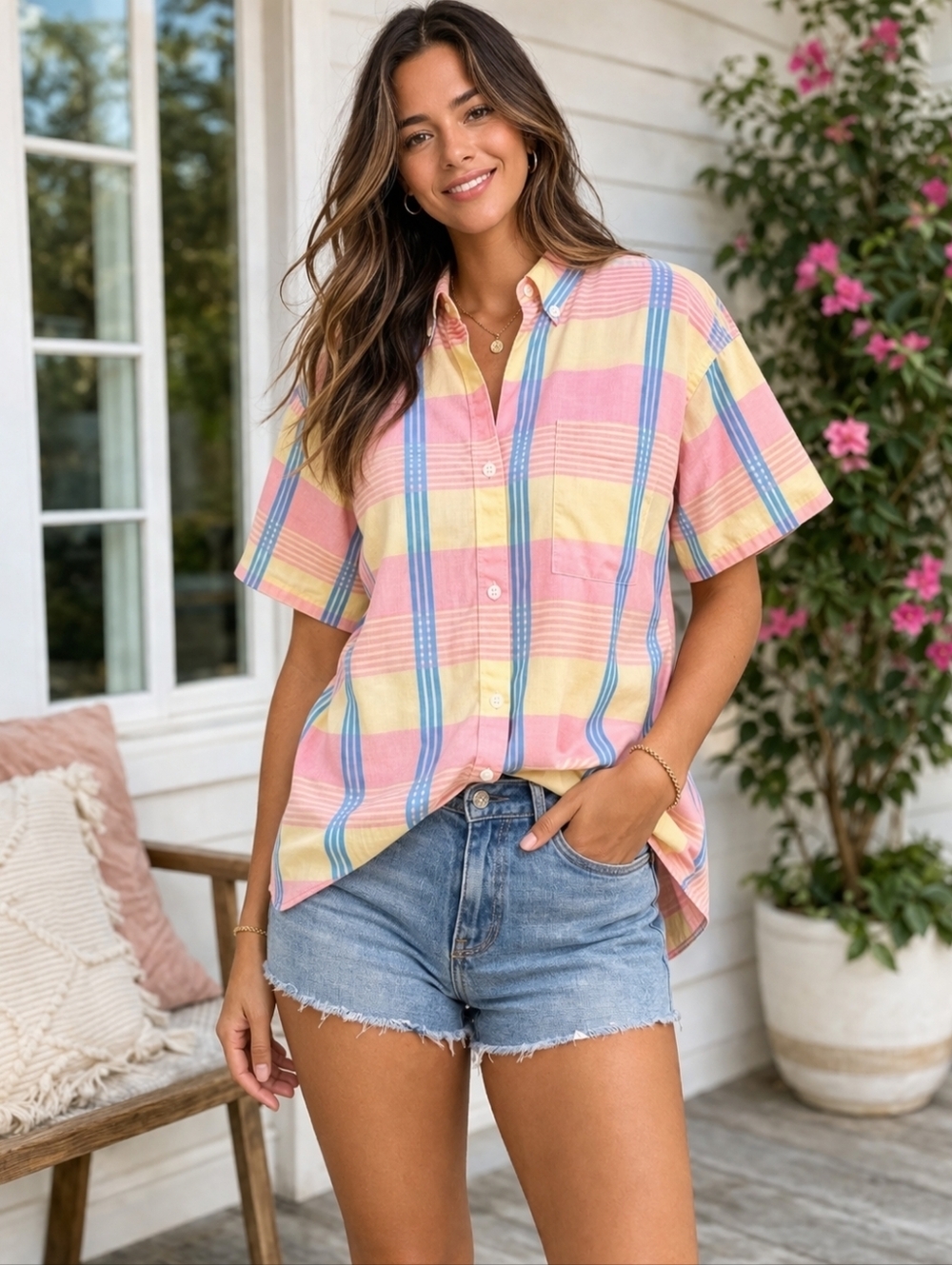 Vintage 90s Esprit Sport Pastel Plaid Button Up Shirt Boxy Oversized S